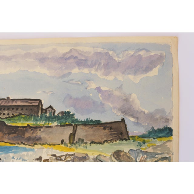 Mid-Century Modern Mid-Century Swedish Outsider Folk Art Original Watercolor Painting, Coastal Landscape With Fortress For Sale - Image 3 of 7