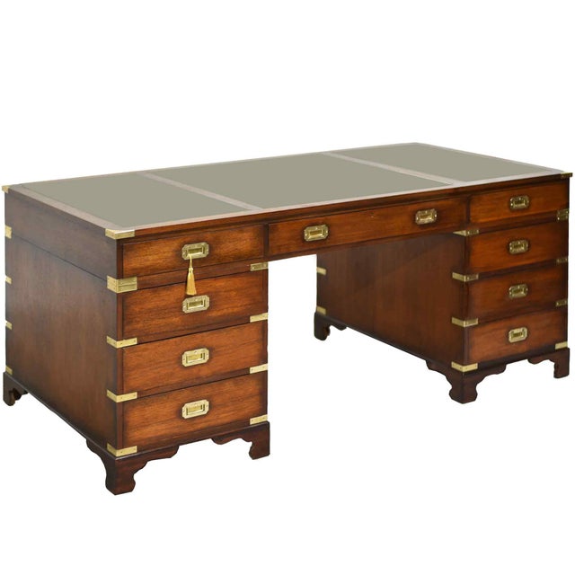 Mid Century English Campaign Mahogany Partner Desk Green Leather Top For Sale - Image 11 of 11