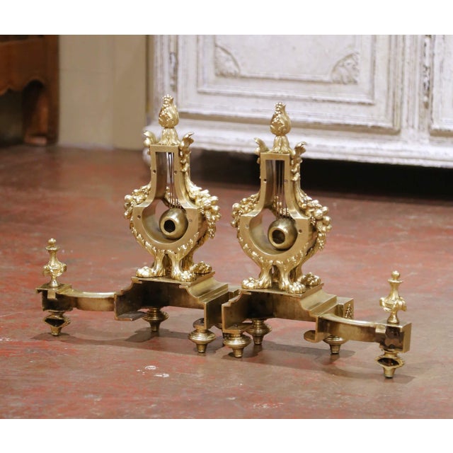 Pair of 19th Century French Louis XVI Bronze Lyre Form Chenets Andirons For Sale - Image 10 of 10