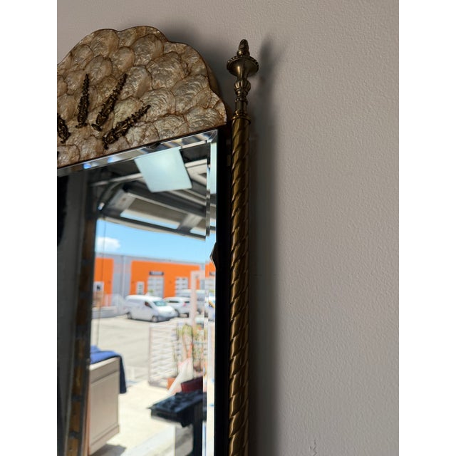 Italian Hollywood Regency Brass & Shell Top Wall Mirror With Beveled Glass For Sale - Image 9 of 11