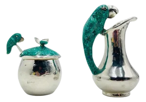 1960s Taxco Parrot Creamer Sugar Spoon Set Mexican Silversmithing - 3pcs