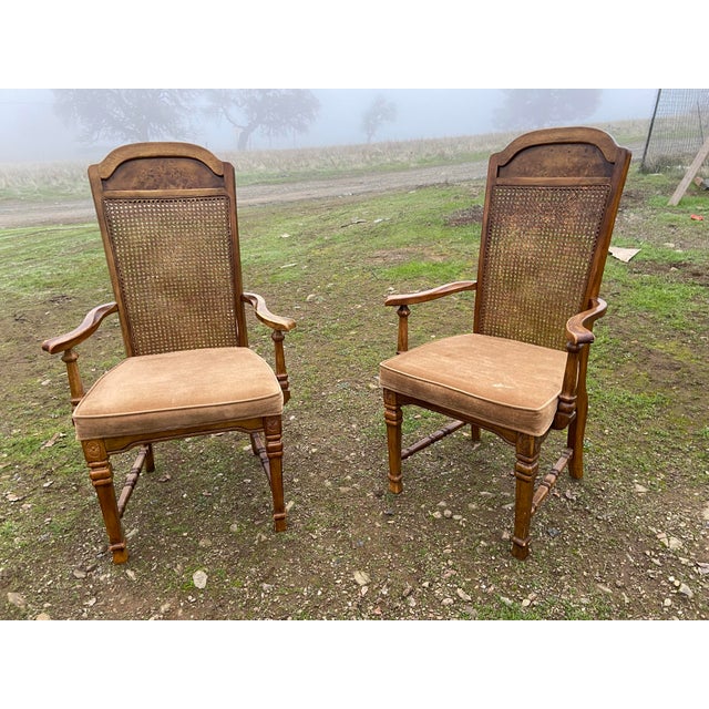 Drexel Heritage Vintage Mid Century Modern Walnut/Cane High Back Dining Armchairs Set of Two Needs New Upholstery For Sale - Image 4 of 12