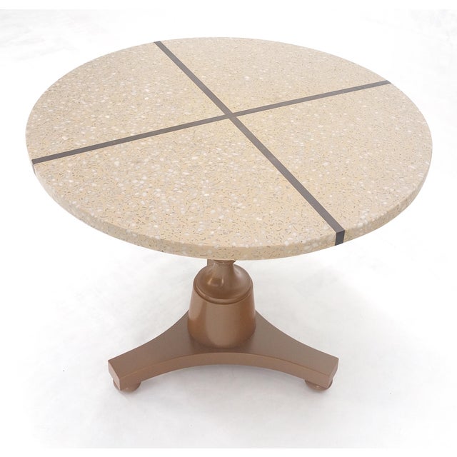 1970s 24" Round Terrazzo Brass Strip Cross Inlay Top Urn Shape Tripod Base Side Table For Sale - Image 5 of 9