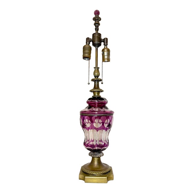 Antique Cut to Clear Bohemian Czech Purple Clear Glass Crystal Bronze Table Lamp For Sale