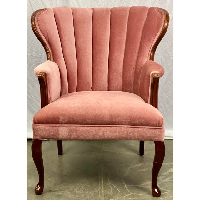 Vintage Mid Century Channel Back Tufted Soft Pink Velvet Accent Chair