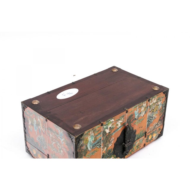 Orange Vintage Chinese Painted Jewelry Box With Metal Mounts For Sale - Image 8 of 16