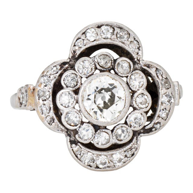 Antique Portuguese Diamond Cluster Ring Platinum Sz 4.75 Art Nouveau Jewelry For Sale