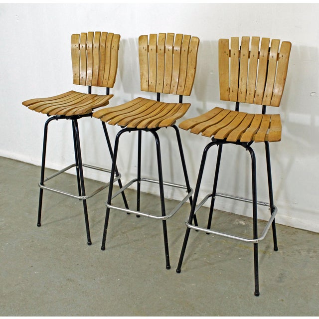 Danish Modern Set of 3 Mid-Century Danish Modern Arthur Umanoff Style Swivel Slat Bar Stools For Sale - Image 3 of 13