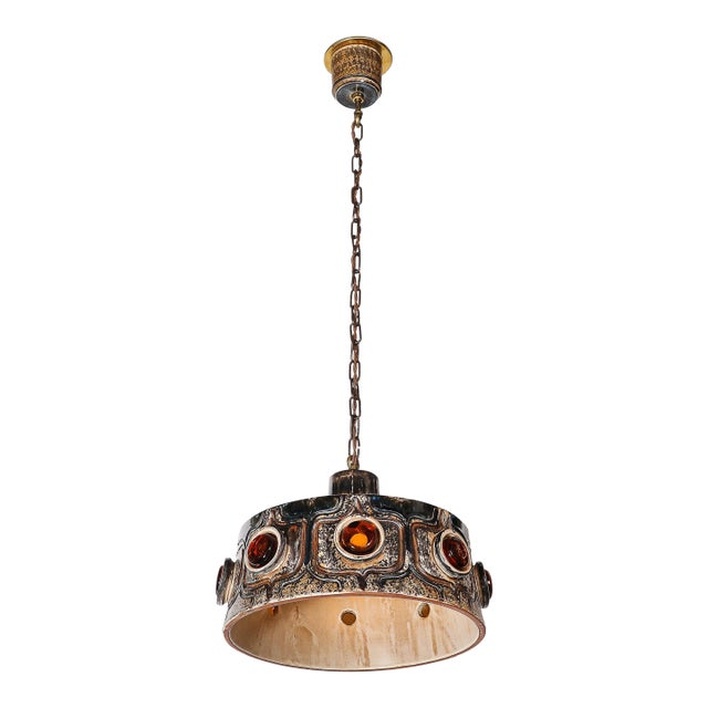 Mid-Century Cool Umber Glazed Ceramic Pendant Chandelier With Amber Glass Detail For Sale