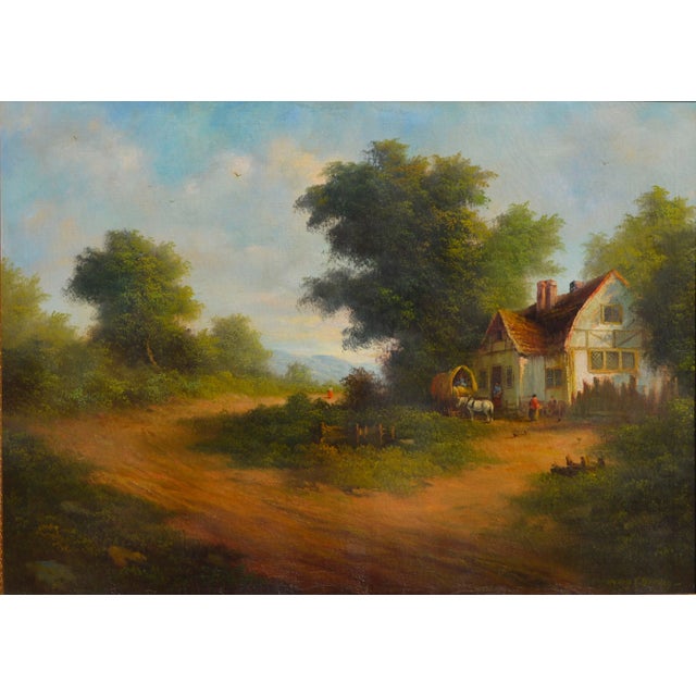 Wonderful 1940s genre landscape of traditional English cottage painted in the European style by Henry T. Harvey...