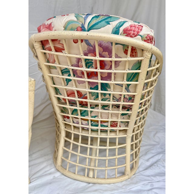 Late 20th Century 1980's Rattan Lattice Barrel Lounge Chairs With Chinoiserie Cushions in the Style of Ficks Reed a Pair For Sale - Image 5 of 16
