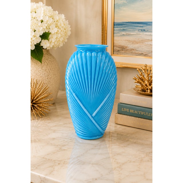 Vintage Sculptural Blue Art Glass Ribbed Swirl Vase Anchor Hocking Mid-Century Modern Art Deco For Sale - Image 4 of 5