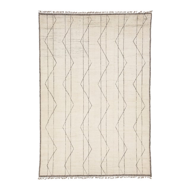 Hand-Knotted Modern Beni Ourain Style Geometric Wool Area Rug in Ivory 10x14 For Sale