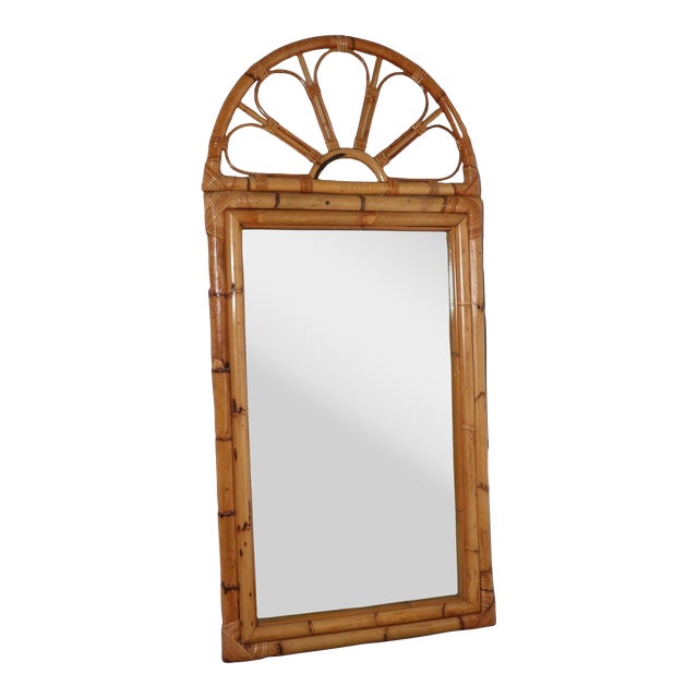1960's Bamboo and Rattan Wrapped Sunburst Arched Wall Mirror After Albini For Sale