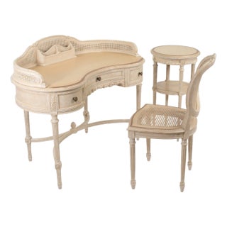 Vintage Three Piece Louis XVI Style White Painted Bureau De Dame (Rognon) Ensemble For Sale