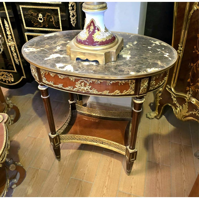 French Louis XVI Oval Coffee Table With Marble Top, Gilded Bronze Ormolu & Ornate Wood Details For Sale - Image 4 of 4
