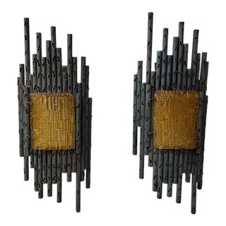 1970s Wrought Iron and Glass Sconces by Marcello Fantoni - Pair For Sale