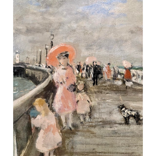 1950s Francois Gall -Elegant Woman W/Parasol & Her Two Girls at the Pier-Oil Painting For Sale - Image 5 of 10