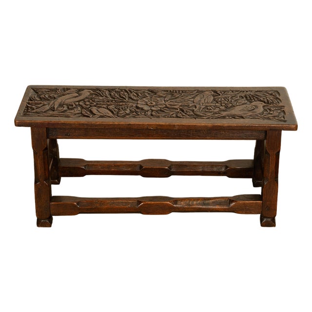 Antique English Carved Oak Arts & Crafts Hall Bench Seat 'Birds in a Tree' 1900 For Sale