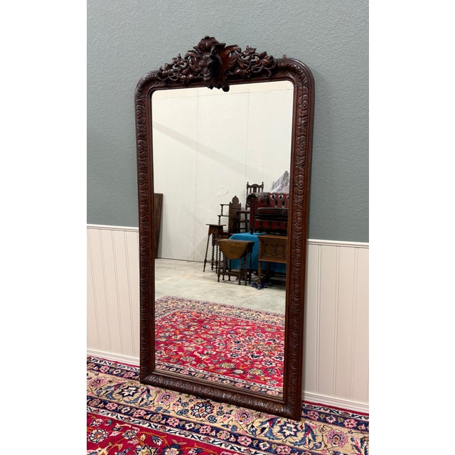 Antique French Renaissance Style Carved Oak Hunt Stag Pier Mirror Crown c.1880s For Sale - Image 9 of 17