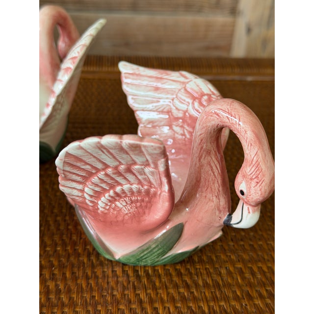Absolutely charming set of three Fitz and Floyd porcelain flamingo votive holders, finished in soft pink hues with hand-...