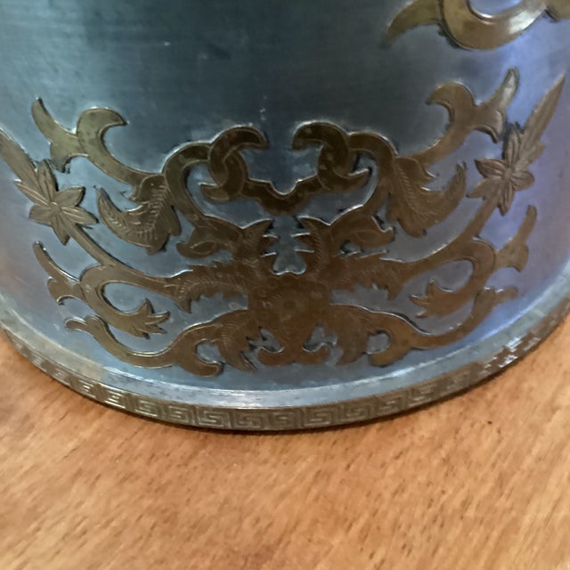 Vintage Chinoiserie Palm Beach Style Pewter W/Brass Overlay Ornamentation Jardiniere Hong Kong For Sale In Chicago - Image 6 of 12