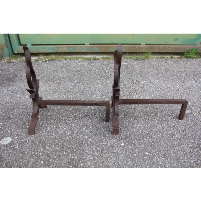 Flame Andirons attributed to Raymond Subes, 1930s, Set of 2 For Sale - Image 4 of 7