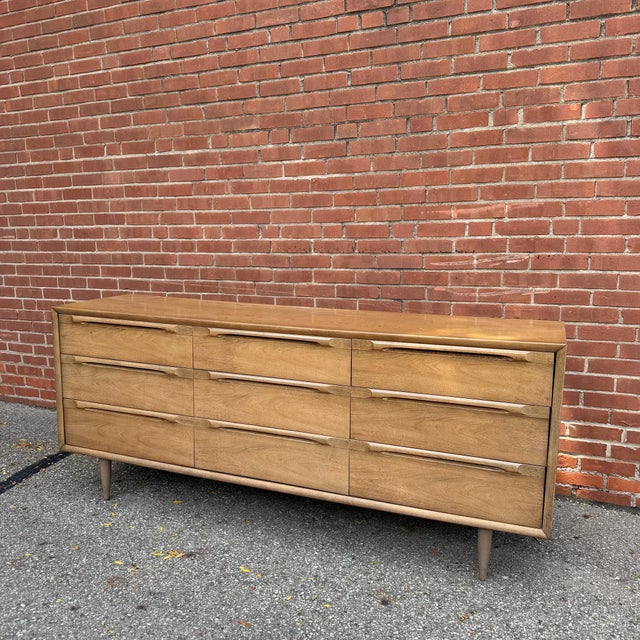 Mid-Century Modern Mid-Century Modern Walnut 9-Drawer Lowboy Dresser With Mirror For Sale - Image 3 of 11