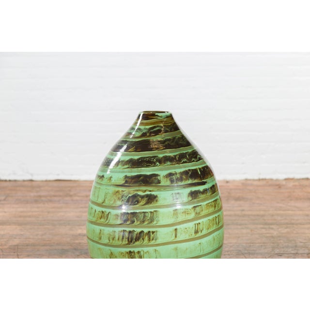 Artisan Contemporary Green and Brown Glaze Ceramic Vase with Spiral Decor For Sale - Image 9 of 13