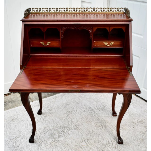 Wood Antique Carved & Inlaid Mahogany French Style Slant Front Desk W/Brass Gallery For Sale - Image 7 of 12