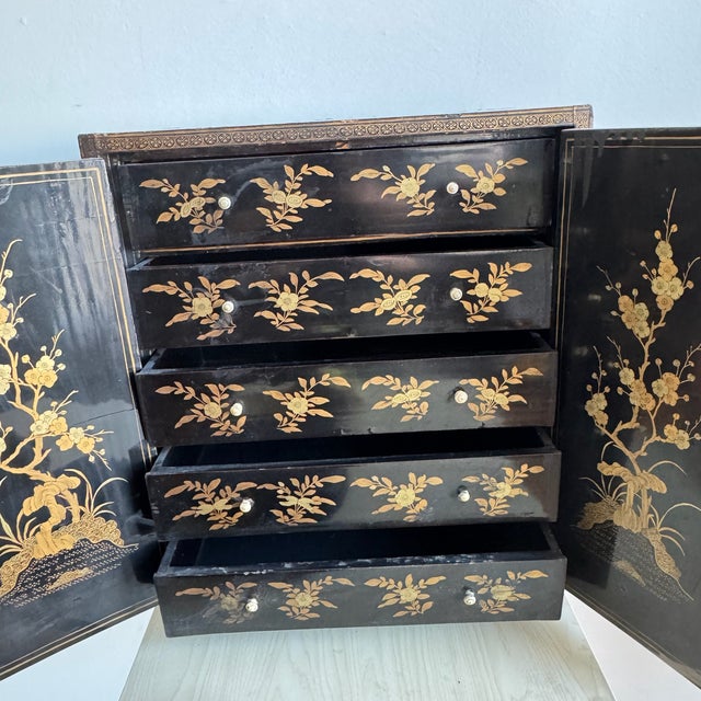 19th Century Antique Chinese 17" Black Lacquered Collectors Cabinet Qing Dynasty For Sale - Image 5 of 11