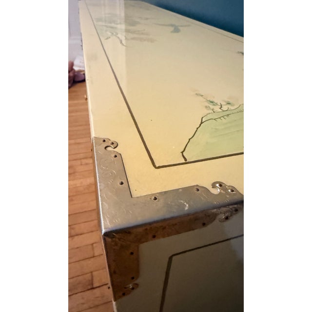 Vintage Chinoiserie Lacquered Dresser With Brass Hardware & Hand-Painted Motifs For Sale In Boston - Image 6 of 8