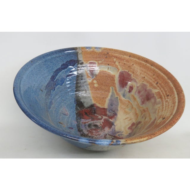 Late 20th Century Large Ceramic Centerpiece Bowl Wide Flared Rim and Speckled Blue Red Glaze 5000b For Sale - Image 5 of 17