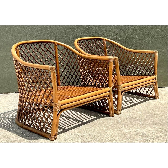 Wood Vintage Trellis Rattan Lounge Chairs - A Pair For Sale - Image 7 of 12