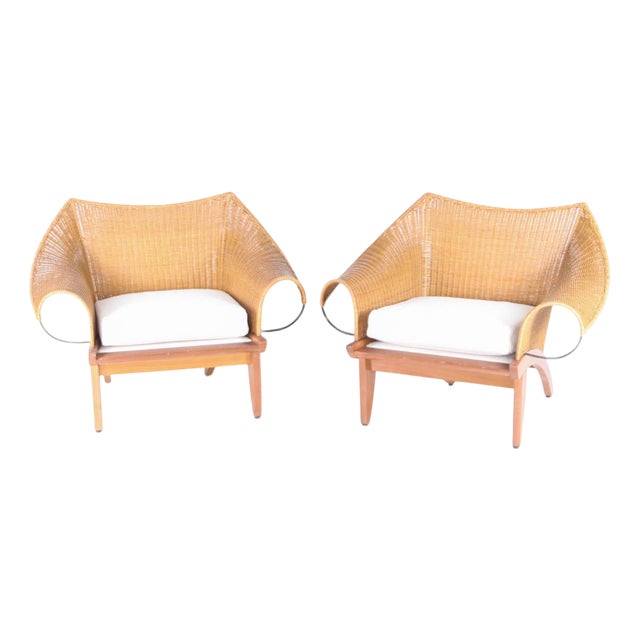 Set of Wooden and Wicker Armchairs, 1970s For Sale