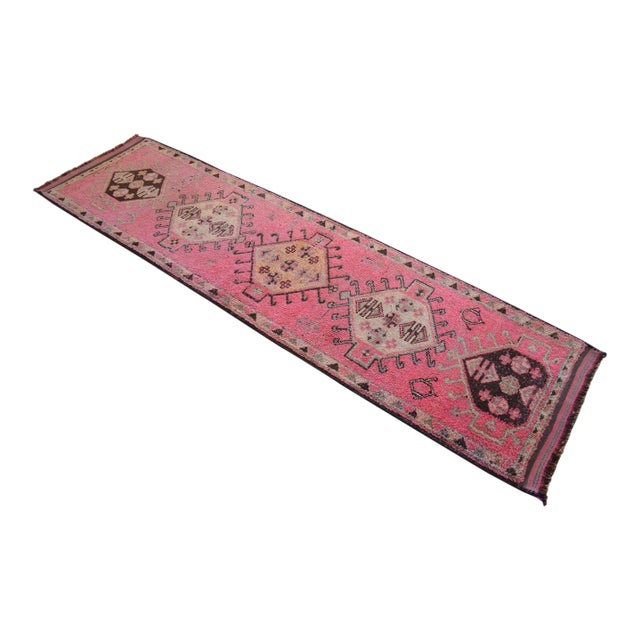 Pink Kurdish Runner Rug. Hand-Knotted Tribal Turkish Runner - 3′3″ × 12′ For Sale