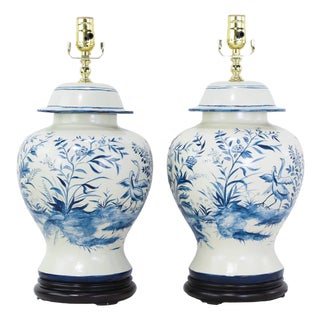 Pair of Vintage Blue and White Ceramic Ginger Jar Table Lamps For Sale