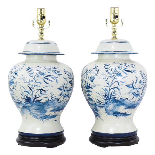 Pair of Vintage Blue and White Ceramic Ginger Jar Table Lamps For Sale