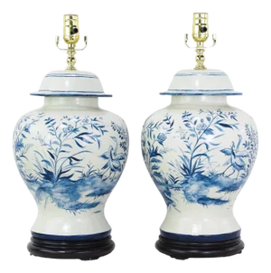 Pair of Vintage Blue and White Ceramic Ginger Jar Table Lamps