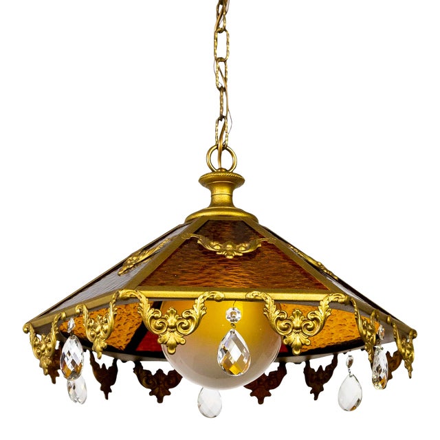 Mid 20th Century Paneled Amber Glass Pendant Light With Crystal Accents For Sale