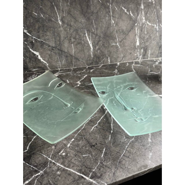 K. Manhattan Cubism Etched Glass Face Trays Set of 2 Dimensions: 9.5”W x 13.5”H (each) Good condition, some markings as...