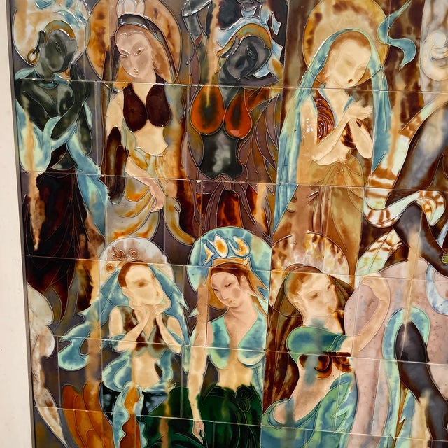 Wood Extra-Large, Mid Century Modern Lin Zhi, b.1936 Dunhuang Style Ceramic Tile Mural Triptych - 82”x58”x3.5” Signed, 1970’s, India/ Chinese Cave For Sale - Image 7 of 11