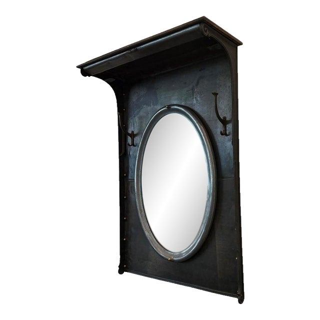 1920s Custom Industrial Brushed Steel Entryway Hall Tree Wall Mirror For Sale