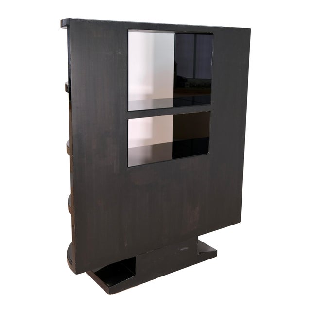 1950s Shelving Unit in High-Gloss Black Lacquer and Door Fronts in Walnut Burl Wood, 1950s For Sale - Image 5 of 9