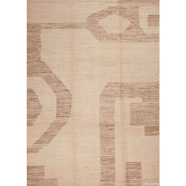 Minimalist Tribal Geometric Light Brown Pattern Modern Ivory Cream Background Rug For Sale