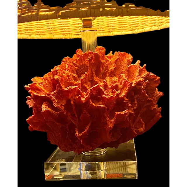 Red Faux Coral Table Lamp Wicker Shade Lucite Base For Sale - Image 8 of 10