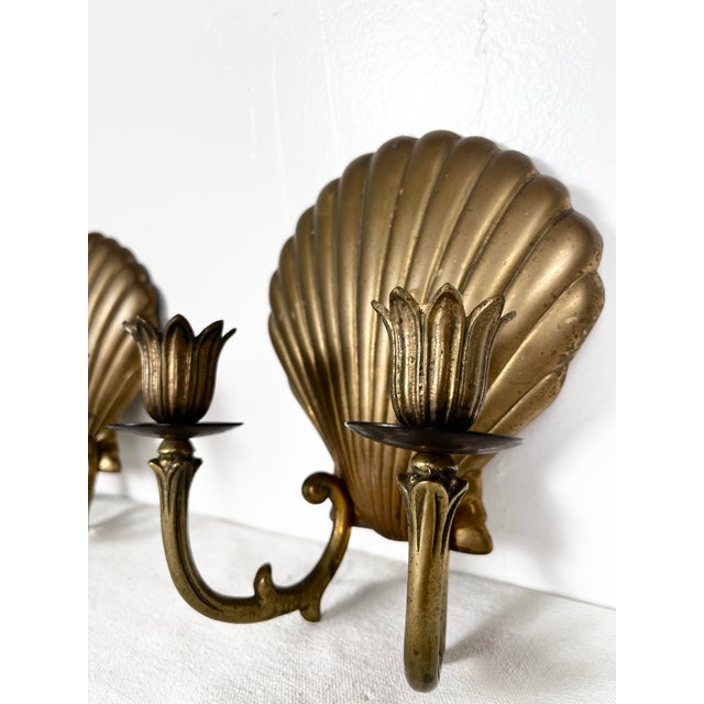 Metal Vintage Brass Shell Candle Sconces- A Pair For Sale - Image 7 of 8