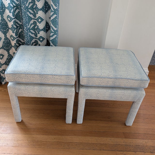 Schumacher Mini Leopard Cloud Blue Parsons Ottomans - Pair For Sale - Image 13 of 13