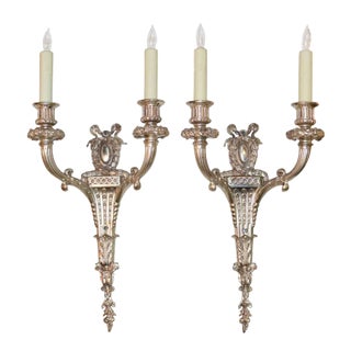 French Classical Silver Over Bronze Two-Light Sconces - A Pair For Sale