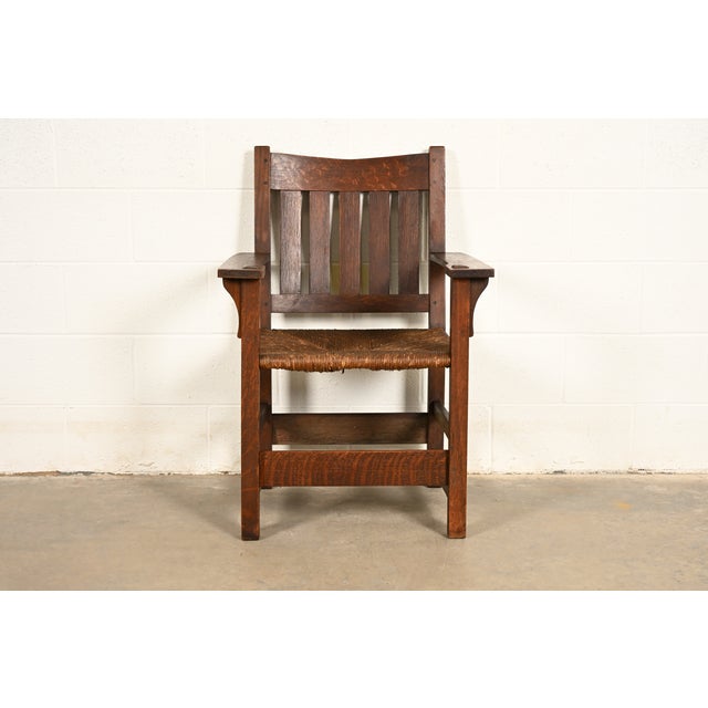 Mission Gustav Stickley Antique Mission Oak Arts & Crafts Armchair With Rush Seat, Circa 1910 For Sale - Image 3 of 14